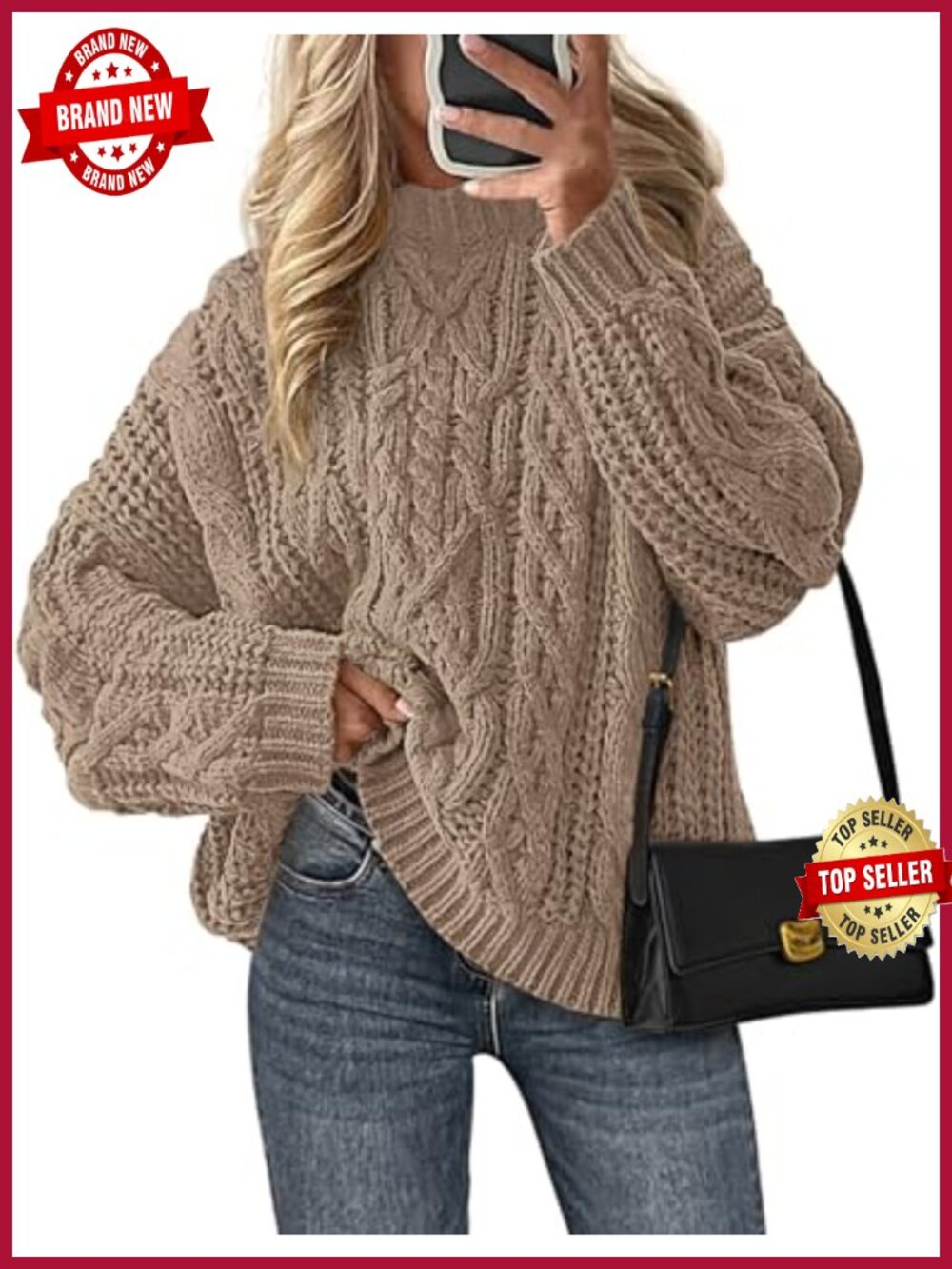 Oversized Chunky Cable Knit Sweater Crew Neck Pullover Long Sleeve